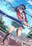  1girl absurdly_long_hair adsouto blue_hair boots breasts commentary eiyuu_densetsu highres holding holding_sword holding_weapon laura_s._arzeid long_hair long_sleeves looking_at_viewer medium_breasts ponytail ribbon sen_no_kiseki shirt sword thigh-highs very_long_hair weapon yellow_eyes 