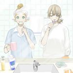  2girls blonde_hair brushing_teeth closed_eyes cup dungeon_meshi elf falin_thorden frs2 green_eyes hair_bun highres holding holding_cup holding_toothbrush marcille mirror multiple_girls pointy_ears ponytail reflection shirt sink soap sweater tile_wall tiles toothbrush_in_mouth toothpaste towel 