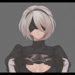  1girl black_blindfold black_gloves black_hairband blindfold cleavage_cutout closed_mouth gloves grey_background grey_hair hairband highres mole mole_under_mouth nier_(series) nier_automata puffy_sleeves see-through simple_background solo tundroded turtleneck upper_body yorha_no._2_type_b 