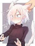  1girl ahoge animal_ears blue_eyes blue_nails blush cat_ears cat_tail ear_pull elf extra_ears eyebrows_visible_through_hair hair_over_one_eye higashi_shino nail_polish original pointy_ears solo sweater tail turtleneck turtleneck_sweater white_hair 