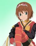  1girl brown_hair choker closed_mouth glasses gloves goggles goggles_on_head green_eyes looking_at_viewer ribonzu rita_mordio short_hair simple_background smile solo tales_of_(series) tales_of_vesperia thigh-highs 