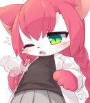  1girl animal_ears animal_nose blush cat cat_busters cat_ears cat_girl commentary_request covered_nipples dated disembodied_limb furry green_eyes grey_skirt hair_between_eyes mizuki_kotora neko_hakase_(cat_busters) one_eye_closed open_mouth pawpads pink_fur pink_hair pleated_skirt signature skirt slit_pupils solo twintails two-tone_fur upper_body whiskers white_fur 