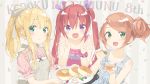  3girls :d ahoge background_text bangs bare_arms bare_shoulders blonde_hair blush bow breasts brown_hair butter camisole closed_mouth collarbone collared_shirt commentary_request dress eyebrows_visible_through_hair fang food food_on_face frilled_shirt_collar frills green_eyes grey_apron grey_bow hair_between_eyes hair_bow hair_bun hair_ornament hair_ribbon hairclip hands_up hazuki_watora highres holding holding_plate long_hair minazuki_sarami multiple_girls open_mouth original pancake peko pink_camisole pink_scrunchie pink_shirt plaid plaid_dress plate ponytail puffy_short_sleeves puffy_sleeves purple_ribbon ribbon romaji_text scrunchie shimotsuki_potofu shirt short_sleeves side_bun sidelocks sleeveless sleeveless_dress small_breasts smile striped striped_apron striped_bow swept_bangs syrup translation_request twintails upper_body vertical-striped_apron vertical_stripes very_long_hair violet_eyes wrist_scrunchie 