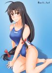  1girl ahoge anti_(untea9) barefoot black_hair blue_background blue_swimsuit brown_eyes commentary_request competition_swimsuit gradient gradient_background highres kantai_collection long_hair looking_at_viewer low-tied_long_hair one-piece_swimsuit shouhou_(kantai_collection) sitting smile solo swimsuit twitter_username yokozuwari 