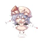  1girl ^_^ bat_wings blush bow closed_eyes collarbone dress eyebrows_visible_through_hair fang hair_between_eyes happy hat heart jewelry jumping open_mouth pink_dress pink_headwear pudding_(skymint_028) purple_hair red_bow remilia_scarlet smile solo touhou wings 