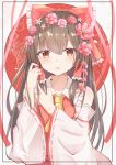  1girl absurdres arms_up black_border border brown_eyes brown_hair collarbone cravat detached_sleeves expressionless eyebrows_visible_through_hair flower hair_between_eyes hair_flower hair_ornament hair_ribbon hair_tubes hakurei_reimu highres iyo_(ya_na_kanji) long_hair looking_at_viewer parted_lips red_sun red_vest ribbon ribbon-trimmed_sleeves ribbon_trim sidelocks solo standing touhou upper_body very_long_hair vest yellow_neckwear 