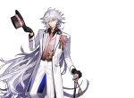  artist_request black_gloves boutonniere coat fate/grand_order fate_(series) gloves hat head_tilt horse_head lapel_flower long_hair merlin_(fate) necktie official_art one_eye_closed simple_background smile top_hat transparent_background very_long_hair vest walking_stick white_hair yellow_eyes 