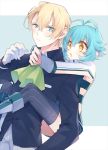  1boy 1girl antenna_hair blonde_hair blue_eyes blue_hair carrying commentary eiyuu_densetsu gloves highres jusis_albarea light_blush millium_orion open_mouth piggyback sano_(merrymerry) sen_no_kiseki short_hair striped striped_legwear vertical-striped_legwear vertical_stripes white_background 