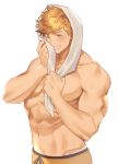  1boy abs bara bare_shoulders blonde_hair blush chest gradient_hair granblue_fantasy higashigunkan holding male_focus multicolored_hair muscle navel one_eye_closed pectorals shirtless smile solo topless towel underwear upper_body vane_(granblue_fantasy) wet white_background wiping_face 