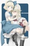  2girls alice_margatroid alice_margatroid_(pc-98) apron ascot bangs black_footwear black_legwear blonde_hair blue_eyes blue_neckwear blue_ribbon blue_skirt collared_shirt commentary_request frilled_apron frills full_body hair_ribbon hairband high-waist_skirt holding_another juliet_sleeves long_sleeves maid maid_apron maid_headdress mary_janes multiple_girls petticoat puffy_short_sleeves puffy_sleeves red_eyes ribbon sakuraba_yuuki shirt shoes short_hair short_sleeves skirt socks suspender_skirt suspenders swept_bangs sword touhou touhou_(pc-98) upper_body weapon wrist_cuffs yumeko 