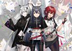  3girls :d animal_ear_fluff animal_ears antenna_hair arknights bangs belt black_belt black_capelet black_gloves black_hair black_jacket black_legwear black_shorts black_skirt brown_eyes cake capelet commentary_request confetti cowboy_shot exusiai_(arknights) fingerless_gloves food fruit gloves grey_eyes grey_gloves hair_between_eyes hair_ornament hairclip hand_up high_collar highres holding holding_plate id_card jacket lappland_(arknights) long_hair long_sleeves looking_at_viewer miniskirt multiple_girls navel open_mouth ore_lesion_(arknights) pantyhose plate raglan_sleeves red_belt redhead short_hair short_shorts shorts silver_hair skirt smile standing stomach strawberry texas_(arknights) thigh_strap thighs v very_long_hair white_jacket wide_sleeves wolf_ears yuuki_mix zoom_layer 