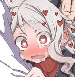  1girl black_horns black_suit blush demon_girl demon_horns heart heart-shaped_pupils helltaker horns long_sleeves modeus_(helltaker) nwon&#039;yo_pasun red_eyes red_sweater shirt sweater symbol-shaped_pupils 