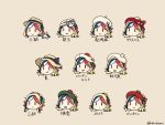  1girl :q bangs beret blonde_hair blue_hair blush brown_background brown_headwear chibi closed_mouth commandant_teste_(kantai_collection) eyebrows_visible_through_hair green_headwear hair_ornament hat kantai_collection kurohiruyume long_hair low-tied_long_hair mask mask_on_head multicolored_hair multiple_views open_mouth pom_pom_(clothes) ponytail red_headwear redhead simple_background smile streaked_hair sun_hat tongue tongue_out translation_request twitter_username white_hair white_headwear 