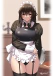  1girl alternate_costume apron black_hair breasts brown_eyes competition_swimsuit cowboy_shot enmaided frills jonsun large_breasts long_hair maid maid_apron maid_headdress one-piece_swimsuit original puffy_sleeves shrug_(clothing) smile solo swimsuit thigh-highs waist_apron 