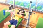 barbell black_eyes black_hair blush idolmaster_cinderella_girls_starlight_stage saejima_kiyomi shirt short_hair smile