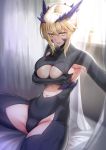  1girl arm_under_breasts armpit_cutout armpits artoria_pendragon_(all) artoria_pendragon_(lancer_alter) backlighting bangs black_bodysuit blonde_hair bodysuit braid breasts center_opening curtains dark_persona fate/grand_order fate_(series) french_braid hair_between_eyes highres horns large_breasts long_hair navel open_mouth revealing_clothes ribbed_bodysuit sidelocks sitting smile solar_(happymonk) thighs under_boob window yellow_eyes 