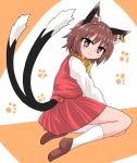  1girl animal_ears brown_eyes brown_footwear brown_hair cat_ears chen chups dress earrings footprints highres jewelry long_sleeves looking_at_viewer multiple_tails red_dress solo tail touhou two_tails white_sleeves yellow_neckwear 