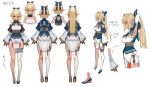  1girl absurdres arm_up armpits back_cutout bare_shoulders blonde_hair blush character_sheet dark_skin elf full_body highres hololive knees lack long_hair long_ponytail looking_at_viewer official_art pointy_ears red_eyes shiranui_flare shoulder_cutout single_thighhigh solo thigh-highs virtual_youtuber white_legwear 