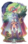  black_gloves blue_cape blue_headwear blue_scarf boots cape character_name copyright_name full_body gloves hat looking_at_animal lyre nekoichi orpheus_molpe pixiv_fantasia pixiv_fantasia_age_of_starlight red_eyes redhead scarf smile staff_(music) standing tree 