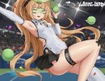  1girl ;d absurdres armpits azur_lane bache_(azur_lane) bache_(showy_sports_star)_(azur_lane) ball bare_shoulders blonde_hair blurry blush breasts cleavage_cutout covered_navel depth_of_field detached_sleeves diffraction_spikes fang goggles goggles_on_head green_eyes hand_up heart_cutout highres holding holding_ball leotard long_hair looking_at_viewer one_eye_closed open_mouth outstretched_arm ponytail qianqiu_wanxia side_cutout single_thighhigh skindentation small_breasts smile solo sportswear stadium tennis_ball tennis_court tennis_dress tennis_uniform thigh-highs thigh_strap thighs twintails very_long_hair violet_eyes visor_cap white_legwear white_leotard 