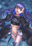  1girl :d bangs blue_eyes blue_ribbon breasts crop_top crotch_plate eyebrows_visible_through_hair fate/extra fate/extra_ccc fate_(series) faulds floating_hair hair_between_eyes hair_ribbon long_hair meltryllis midriff navel open_mouth purple_hair purutoppu_(toranohige) ribbon shiny shiny_hair small_breasts smile solo standing stomach very_long_hair waist_cape 