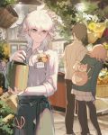  1girl 2boys ahoge antenna_hair apron beige_skirt black_apron black_jacket black_legwear brown_pants cat_bag commentary dangan_ronpa eyebrows_visible_through_hair flower from_behind grey_eyes hair_between_eyes highres hinata_hajime holding jacket komaeda_nagito lemontea medium_hair multiple_boys nanami_chiaki pants pink_backpack pleated_skirt scissors shirt short_hair skirt smile super_dangan_ronpa_2 thigh-highs white_flower white_shirt yellow_flower 