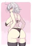  1girl absurdres ahoge alternate_costume ass bare_shoulders bikini black_bikini black_legwear blush breasts commentary_request fate_(series) highres ishibori_eregomos jeanne_d&#039;arc_(alter)_(fate) jeanne_d&#039;arc_(fate)_(all) large_breasts looking_at_viewer pink_background short_hair sideboob silver_hair swimsuit thigh-highs thighs yellow_eyes 