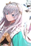  1girl anastasia_(fate/grand_order) bangs bebe_pp blue_eyes blue_nails blush cape commentary_request doll dress eyebrows_visible_through_hair fate/grand_order fate_(series) hair_between_eyes hair_over_one_eye hairband highres holding jewelry long_hair looking_at_viewer royal_robe signature silver_hair smile solo very_long_hair white_dress 