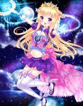  1girl blonde_hair breasts bubble flower full_moon gloves long_hair looking_at_viewer medium_breasts midriff milky_way moon natsumii_chan navel night night_sky original rose sky smile solo star_(sky) star_(symbol) thigh-highs very_long_hair violet_eyes wand white_gloves white_legwear 
