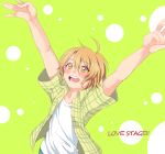  1boy :d beniya_(reito43) blonde_hair blush copyright_name green_background green_shirt hair_between_eyes love_stage!! male_focus open_mouth orange_eyes plaid plaid_shirt sena_izumi shirt smile solo upper_body white_shirt 