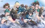  4girls absurdres aqua_headwear atago_(kantai_collection) beret black_gloves black_hair black_legwear blonde_hair blue_eyes blue_headwear breasts brown_hair choukai_(kantai_collection) dated garter_straps gegeron glasses gloves hair_between_eyes hair_ornament hat highres huge_filesize kantai_collection kneehighs large_breasts long_hair long_sleeves machinery maya_(kantai_collection) midriff military military_uniform multiple_girls navel ocean red_eyes remodel_(kantai_collection) rimless_eyewear short_hair signature sleeveless takao_(kantai_collection) thigh-highs turret uniform white_gloves x_hair_ornament 