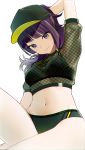  1girl arm_behind_back arm_up bangs baseball_cap bikini black_bikini black_headwear blush closed_mouth commentary_request crop_top diagonal_bangs harukana_(harukana_10) hat highres idolmaster idolmaster_shiny_colors knee_up long_hair looking_at_viewer navel plaid ponytail purple_hair revision see-through short_sleeves sitting smile solo stomach swimsuit tanaka_mamimi thighs violet_eyes 