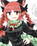  1girl :3 animal_ears black_bow black_dress black_ribbon bow braid cat_ears chups cowboy_shot dress extra_ears fang frilled_dress frilled_sleeves frills green_frills highres kaenbyou_rin looking_at_viewer multiple_tails neckwear red_eyes red_nails red_neckwear redhead ribbon tail touhou two_tails white_background 