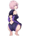  1girl absurdres ass bare_shoulders barefoot blush breasts commentary fate/grand_order fate_(series) feet from_behind frown gloves hair_over_one_eye highleg highleg_leotard highres kobaji large_breasts leotard looking_at_viewer mash_kyrielight purple_gloves revision short_hair simple_background solo squatting violet_eyes wedgie white_background 