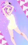  1girl absurdres armpits arms_up breasts closed_mouth collarbone contrapposto cure_sword dokidoki!_precure earrings highres holding jewelry long_hair looking_at_viewer pink_hair precure purple_background shiny shiny_hair shiny_skin small_breasts smile solo standing toni_(artist) violet_eyes 