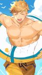  1boy abs arm_up bangs bara bird_wings blonde_hair blush chest closed_eyes clouds cloudy_sky granblue_fantasy green_eyes higashigunkan light male_focus muscle navel open_mouth pants partially_colored pectorals shiny shiny_hair shirt shirtless simple_background sky smile solo summer swimsuit toned toned_male upper_body vane_(granblue_fantasy) white_background wings 