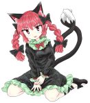  1girl animal_ears bare_legs black_bow black_dress black_footwear bow braid cat_ears cat_tail chups dress eyebrows_visible_through_hair frilled_dress frilled_sleeves frills green_frills highres long_sleeves looking_at_viewer multiple_tails red_eyes red_nails red_neckwear redhead ribbon solo tail tongue tongue_out touhou twin_braids two_tails white_background 