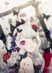  1girl absurdres bug butterfly flower frame gloves grey_eyes hair_flower hair_ornament highres insect long_hair looking_at_viewer original partially_submerged red_flower red_gloves red_rose rose silver_hair solo spinel_cranweiss symbol-shaped_pupils upper_body violet_eyes virtual_youtuber 