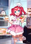  1girl animal apron artist_name bangs blue_eyes blush bow breasts brown_skirt cake cat commentary_request food frills fruit hair_bow hair_ornament highres holding holding_food holding_plate indoors kurosawa_ruby long_hair looking_at_viewer love_live! love_live!_school_idol_project love_live!_sunshine!! open_mouth pink_apron pink_neckwear plate redhead shirt short_sleeves siriuflong skirt small_breasts smile star_(symbol) strawberry tongue tongue_out two-tone_skirt two_side_up upper_teeth watermark web_address white_bow white_headwear white_shirt white_skirt x_hair_ornament 