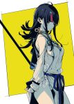  1girl black_hair blue_eyes breasts fate/grand_order fate/requiem fate_(series) highres imigimuru medium_breasts multicolored_hair panties polearm side-tie_panties sideboob spear streaked_hair underwear utsumi_erise weapon yellow_background 