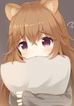  1girl animal_ear_fluff animal_ears brown_eyes brown_hair brown_shirt commentary_request flying_sweatdrops grey_background highres long_hair object_hug pillow pillow_hug psyche3313 raccoon_ears raphtalia shirt simple_background solo tate_no_yuusha_no_nariagari tears upper_body 