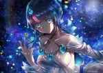  1girl bangs bare_shoulders black_hair blue_eyes blue_ribbon breasts closed_mouth collarbone dice dress fate/grand_order fate/requiem fate_(series) fundoshi japanese_clothes jewelry large_breasts long_sleeves looking_at_viewer magatama magatama_hair_ornament medium_hair multicolored_hair necklace night night_sky pink_hair puffy_long_sleeves puffy_sleeves ribbon short_dress sideboob sideless_outfit sky star_(sky) starry_sky streaked_hair utsumi_erise white_dress yokaranu_yuuna 