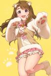  1girl ahoge animal_ear_fluff animal_ears bangs blush brown_hair emu_(emum) eyebrows_visible_through_hair fur-trimmed_shirt fur_trim gloves hands_up highres idolmaster idolmaster_million_live! idolmaster_million_live!_theater_days long_hair looking_at_viewer miyao_miya neck_bell neck_ribbon open_mouth paw_gloves paw_print_background paw_shoes paws pink_ribbon pink_skirt ribbon shirt shoes simple_background skirt smile solo thick_eyebrows thighs tongue upper_teeth yellow_background 