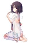  1girl absurdres bangs barefoot black_hair commentary_request eyebrows_visible_through_hair from_side highres holding japanese_clothes kara_no_kyoukai kimono looking_at_viewer okakasushi ryougi_shiki short_hair simple_background smile solo translation_request white_background white_kimono wide_sleeves 