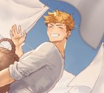  1boy bara basket blonde_hair blush chest closed_eyes clothes day from_behind granblue_fantasy higashigunkan holding light looking_at_viewer lowres muscle outdoors shiny shiny_hair shirt sky solo teeth toned toned_male upper_body vane_(granblue_fantasy) waving white_shirt 