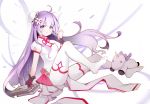  1girl absurdres azur_lane black_ribbon china_dress chinese_clothes dress feet hair_bun highres long_hair object_hug one_side_up petite pinkball purple_hair ribbon side_bun stuffed_animal stuffed_toy stuffed_unicorn unicorn unicorn_(azur_lane) violet_eyes white_dress white_legwear 