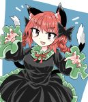  1girl :3 animal_ears black_bow black_dress blue_background bow braid cat_ears cat_tail chups cowboy_shot dress eyebrows_visible_through_hair face frilled_dress frilled_sleeves frills green_frills highres long_sleeves looking_at_viewer multiple_tails red_eyes red_nails red_neckwear redhead ribbon solo tail touhou twin_braids two_tails white_background 