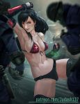  1girl armpits arms_up bare_arms bare_shoulders bikini black_hair bracelet breasts cleavage clenched_hands collarbone earrings fantasy fighting_stance final_fantasy final_fantasy_vii final_fantasy_vii_remake fingerless_gloves gloves jewelry judash137 kicking large_breasts long_hair looking_at_viewer miniskirt navel open_mouth parted_lips pleated_skirt ponytail red_eyes skirt smile solo swimsuit thigh-highs thighs tifa_lockhart toned very_long_hair white_skin 