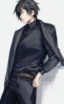  1boy alternate_costume belt black_coat black_hair black_pants black_shirt coat collared_shirt cowboy_shot grey_background jacket_on_shoulders keshitsubu leaning_back light_smile long_sleeves looking_away male_focus pants profile shirt shokudaikiri_mitsutada sketch solo touken_ranbu 