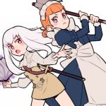  2girls annette_fantine_dominic artist_name axe blue_eyes book closed_mouth do_m_kaeru fire_emblem fire_emblem:_three_houses garreg_mach_monastery_uniform holding holding_axe long_hair long_sleeves lysithea_von_ordelia maid maid_headdress multiple_girls open_book open_mouth orange_hair pink_eyes scabbard sheath sheathed simple_background sword twintails uniform weapon white_background white_hair 